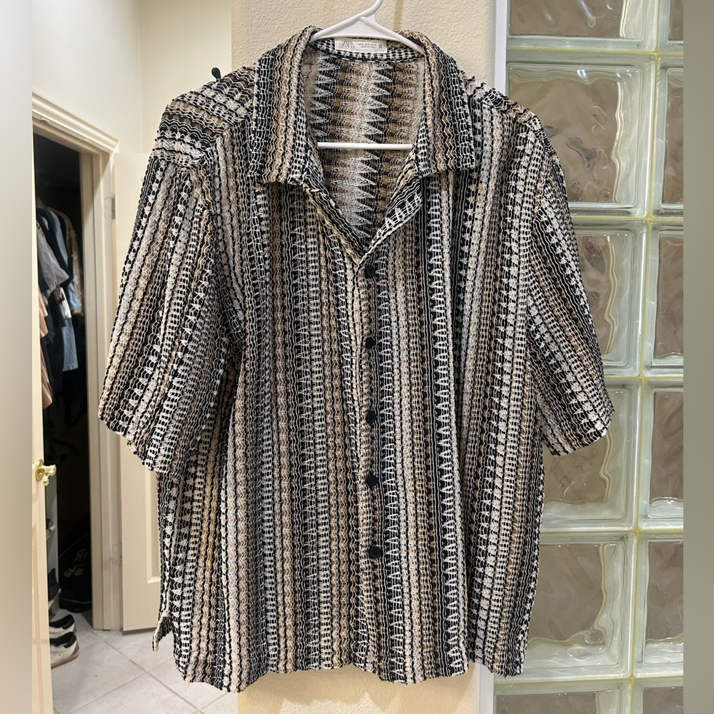 Zara Men's Black and Brown Striped Shirt